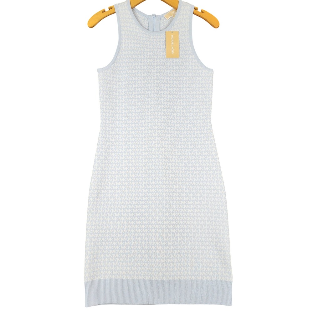 Michael Kors Pastel Blue MK Logo Monogram‎ Knit Tank Dress JU2807G4GH Size S NEW
